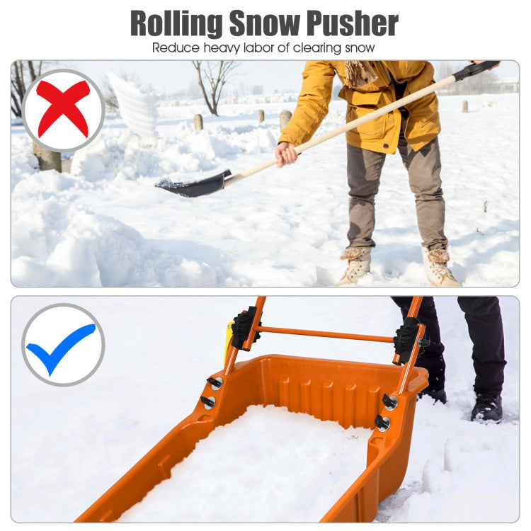 Folding Snow Pusher Scoop Shovel with Wheels and Handle