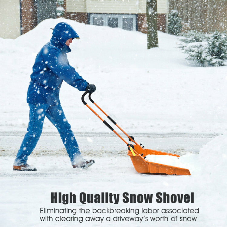 Folding Snow Pusher Scoop Shovel with Wheels and Handle