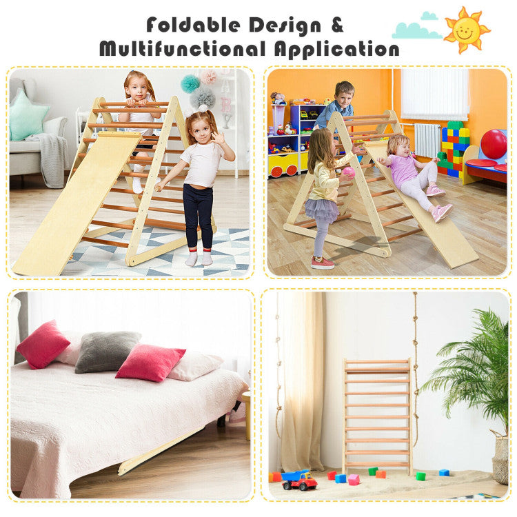 Folding Wooden Triangle Climber with Reversible Ramp for Kids