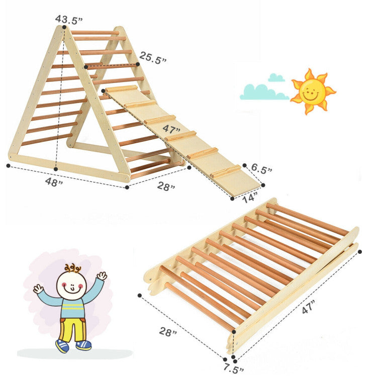 Folding Wooden Triangle Climber with Reversible Ramp for Kids