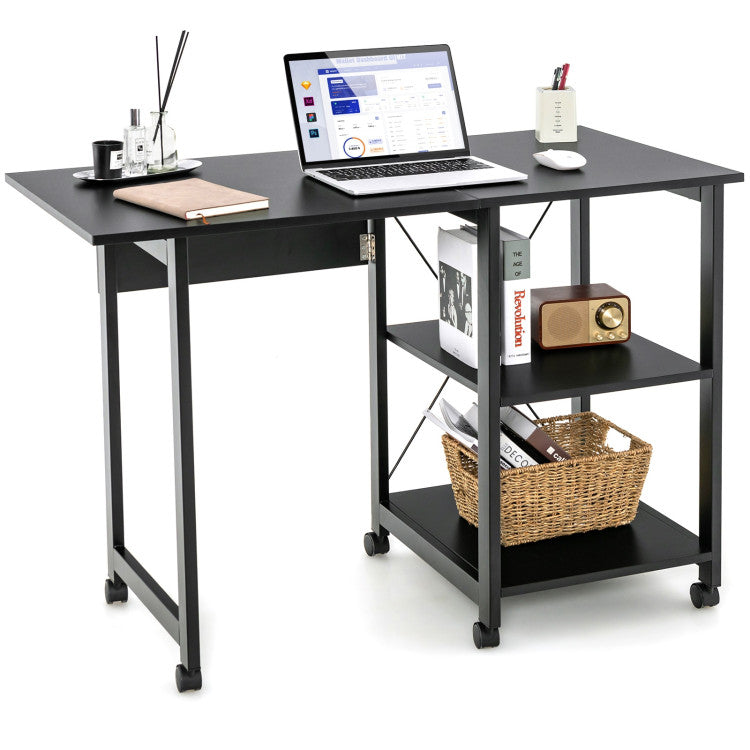 Folding Writing Office Desk with Storage Shelves and Wheels