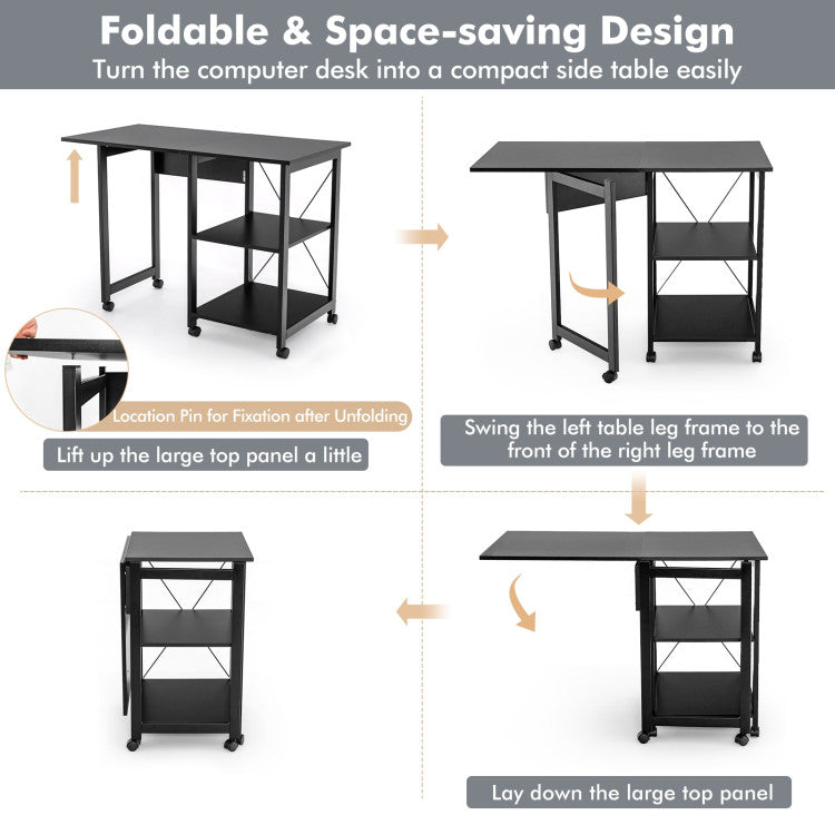 Folding Writing Office Desk with Storage Shelves and Wheels