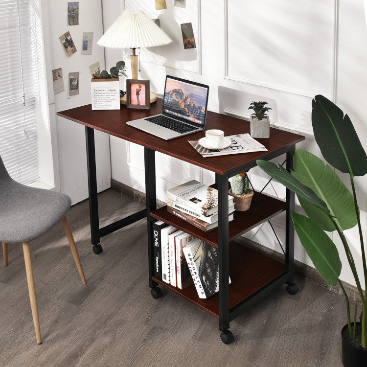 Folding Writing Office Desk with Storage Shelves and Wheels