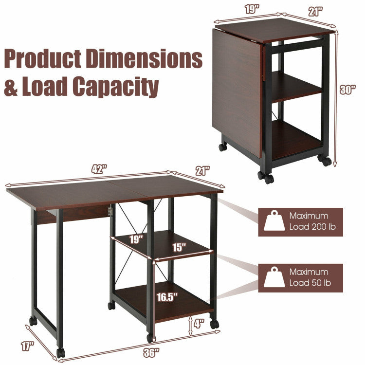 Folding Writing Office Desk with Storage Shelves and Wheels