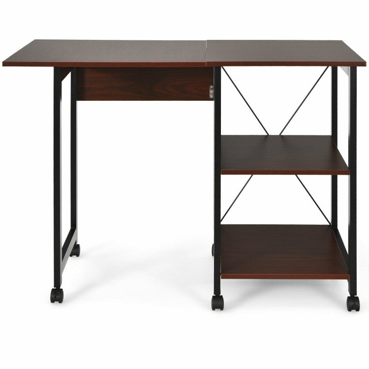 Folding Writing Office Desk with Storage Shelves and Wheels