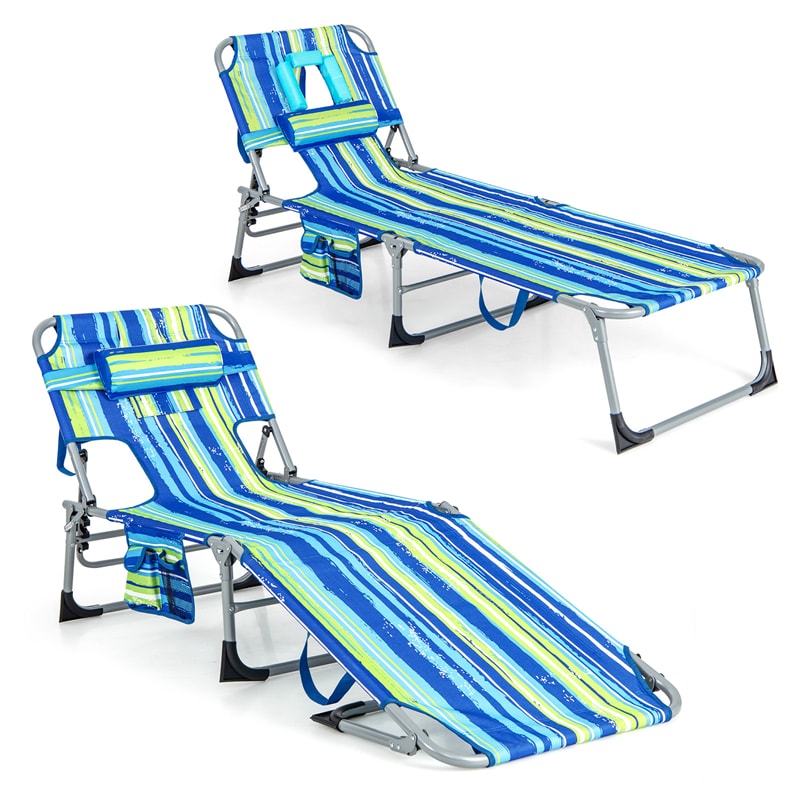 Folding Beach Lounge Chair 5-Position Adjustable Outdoor Tanning Chair with Pillow