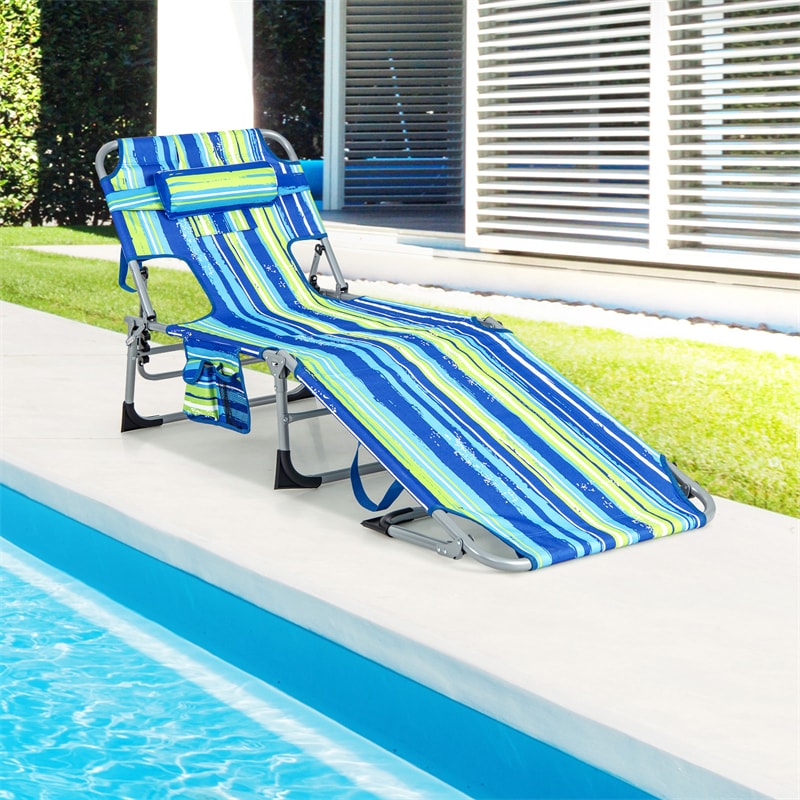 Folding Beach Lounge Chair 5-Position Adjustable Outdoor Tanning Chair with Pillow