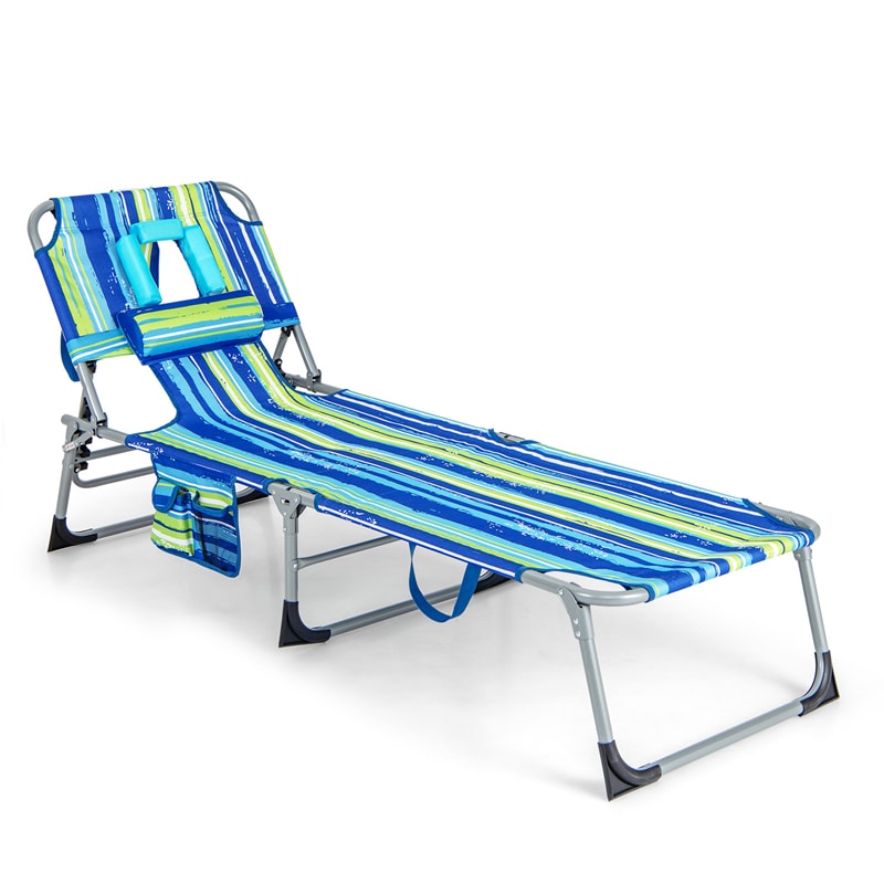 Folding Beach Lounge Chair 5-Position Adjustable Outdoor Tanning Chair with Pillow