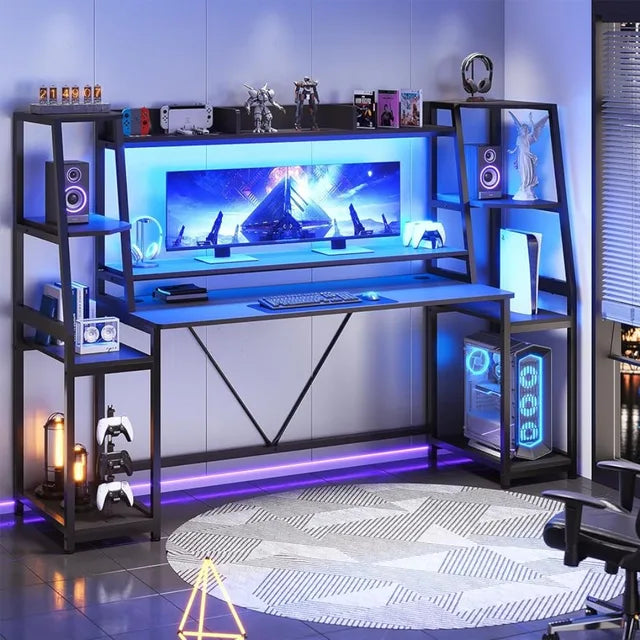 Ultimate Gaming Desk 78.8'' with RGB LED Lights, Hutch & Storage Shelves | Computer Desk with Monitor Stand - ElitePlayPro