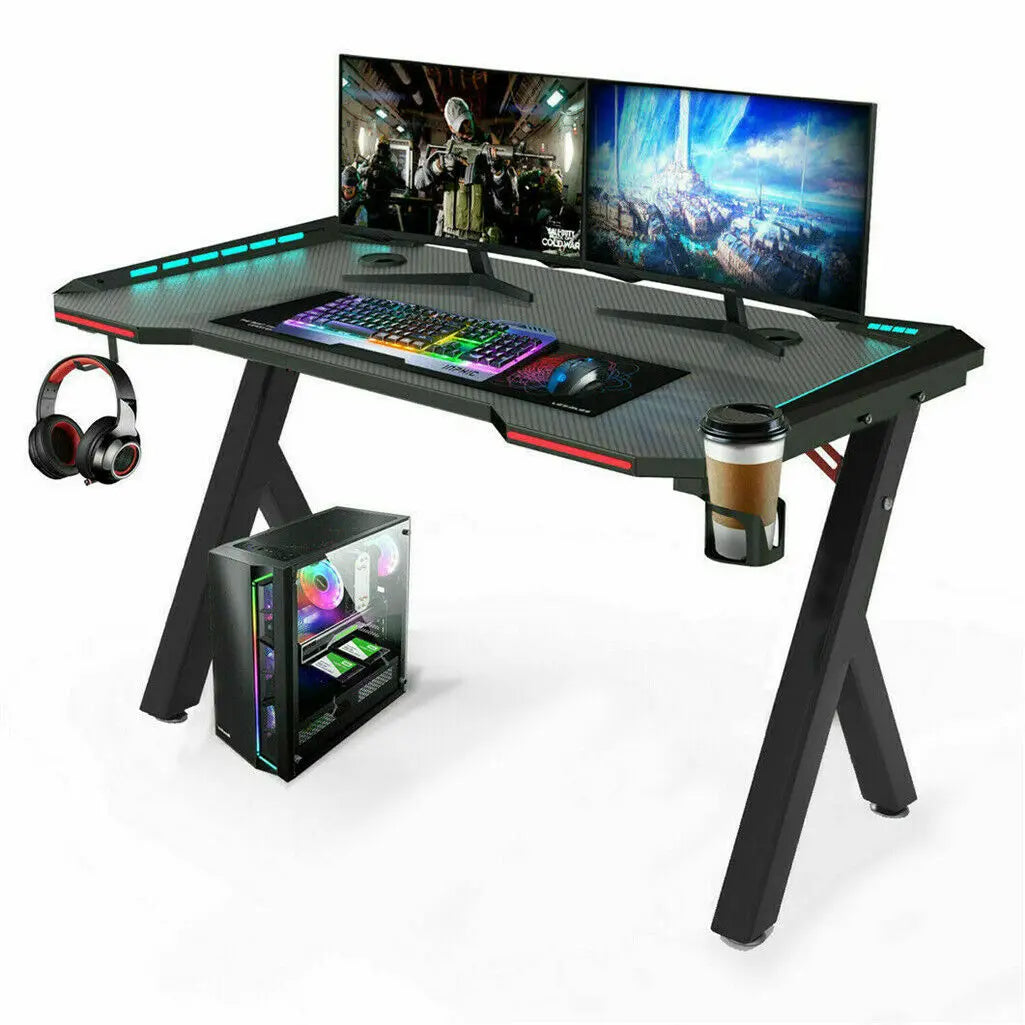 Gaming Desk with RGB LED Lights – Ergonomic PC Workstation with Headphone Hook & Cup Holder - ElitePlayPro
