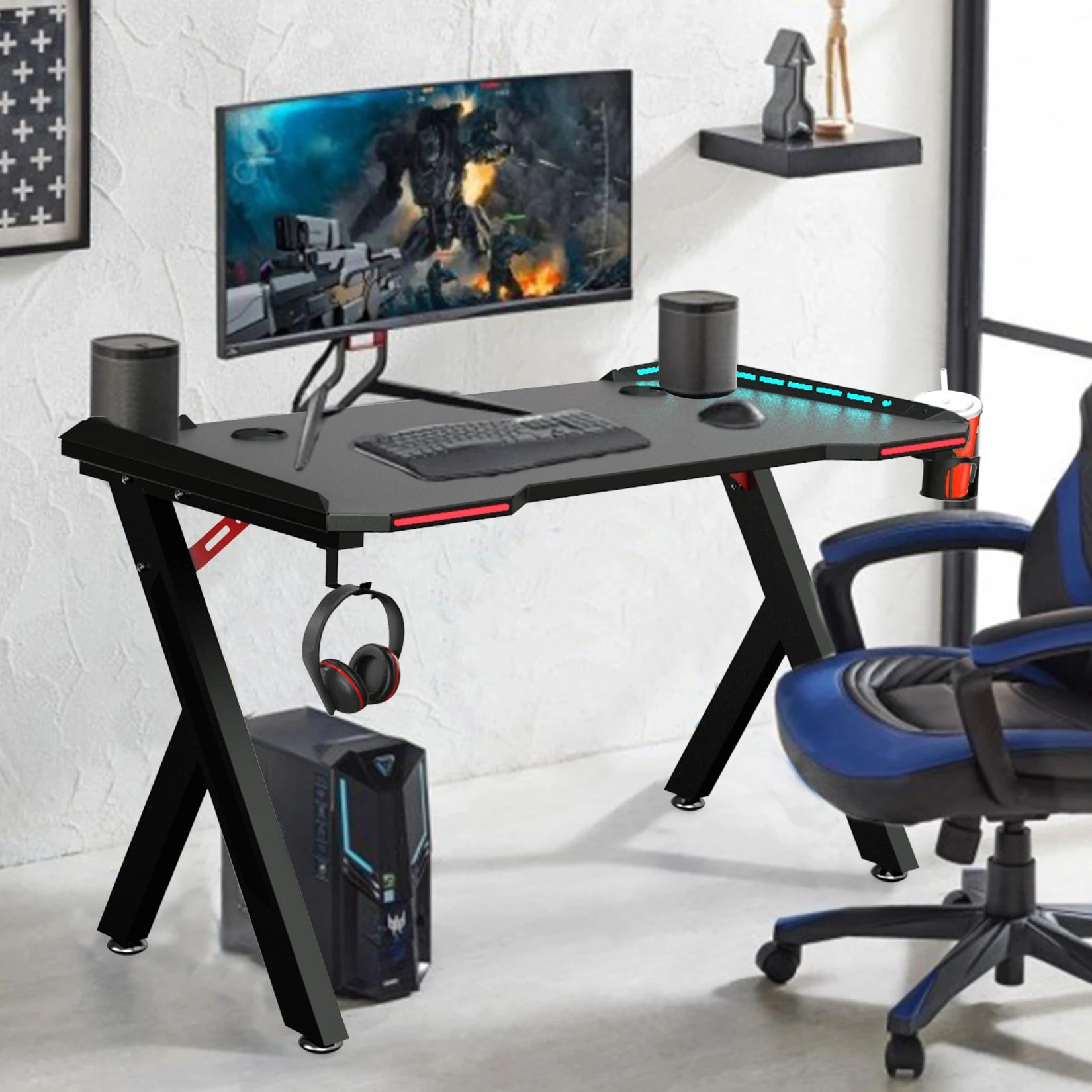 Gaming Desk with RGB LED Lights – Ergonomic PC Workstation with Headphone Hook & Cup Holder - ElitePlayPro
