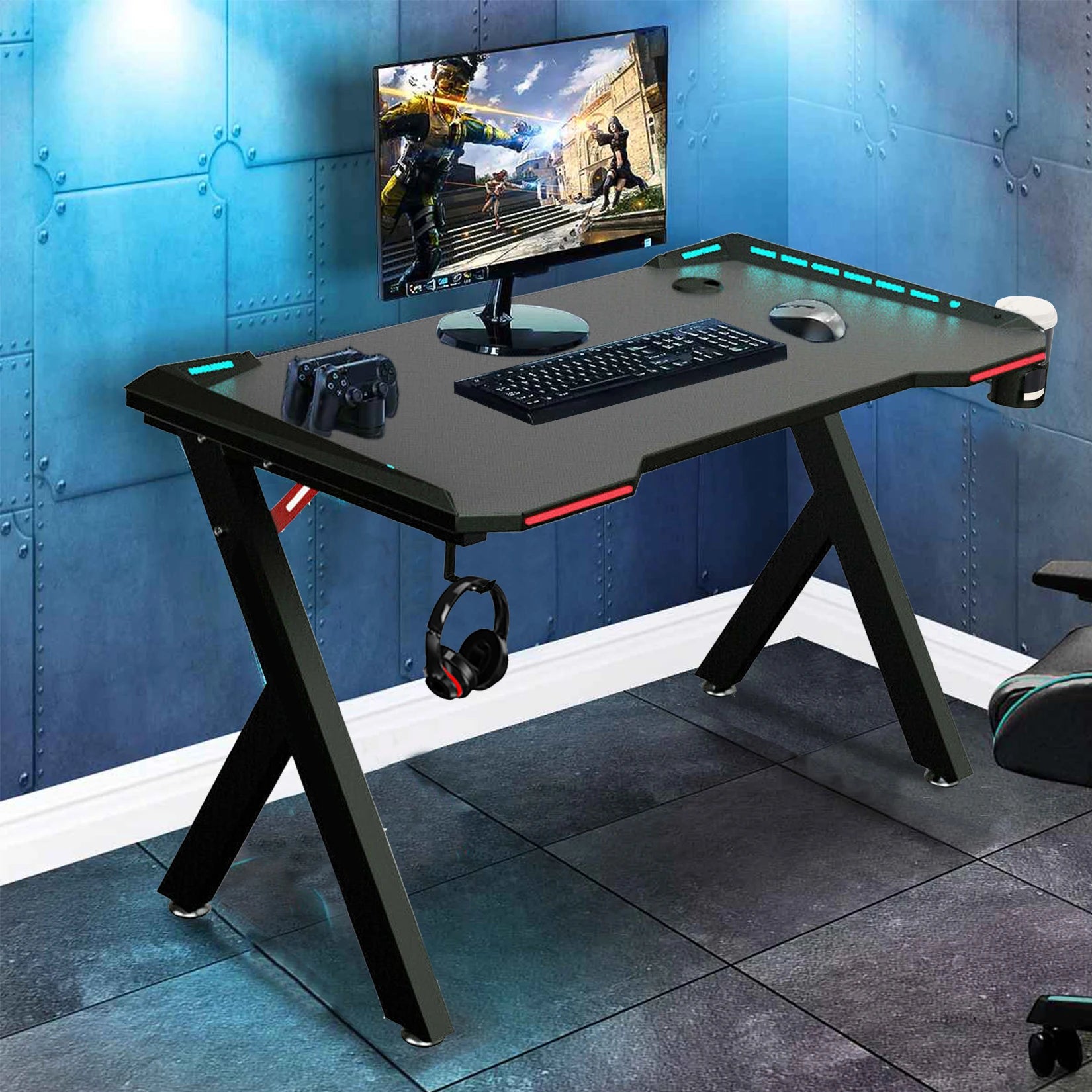 Gaming Desk with RGB LED Lights – Ergonomic PC Workstation with Headphone Hook & Cup Holder - ElitePlayPro