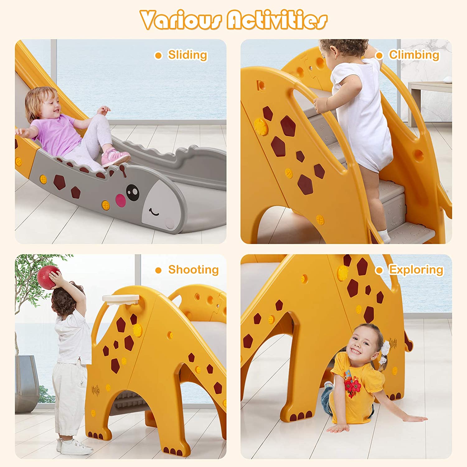 3-in-1 Giraffe Climber Slide Play Set with Basketball Hoop for Kids