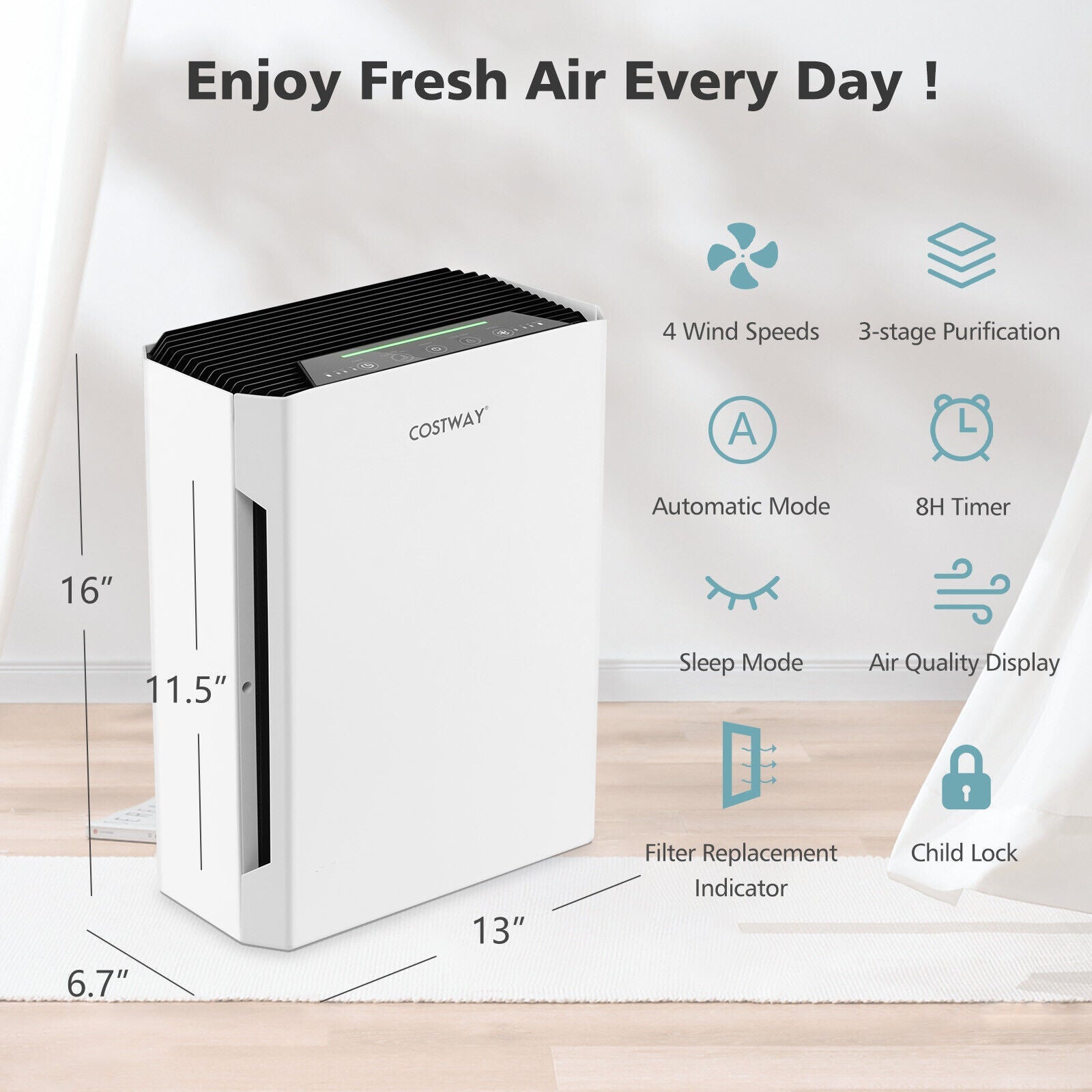 H13 True HEPA Air Purifier with Adjustable Wind Speeds and Child Safety Lock