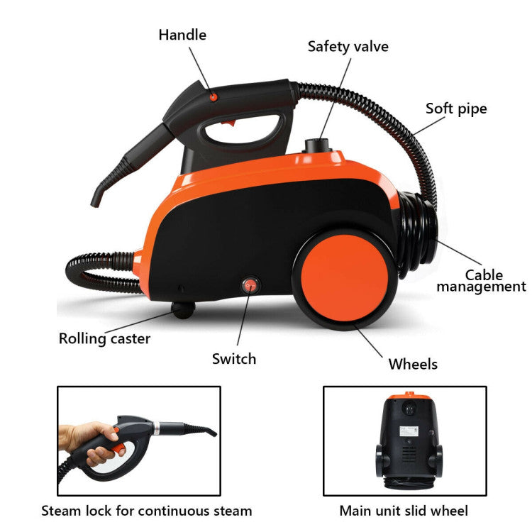Heavy Duty 1500W 1.5 L Water Tank Household Steam Cleaner with 18 Accessories and Wheels