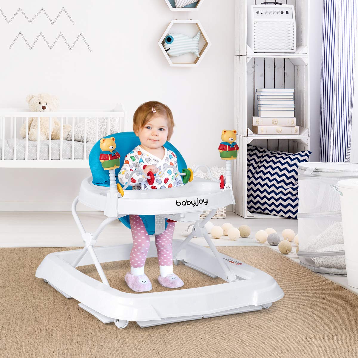 Folding Baby Walker with Padded Seat and Adjustable Height