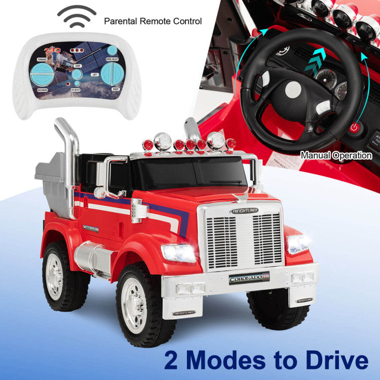12V Licensed Freightliner Kids Ride On Truck Car with Dump Box and Remote Control