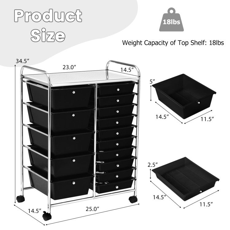 15-Drawer Utility Multi-Use Storage Organizer Cart with Rolling Wheels