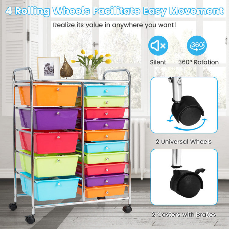 15-Drawer Utility Multi-Use Storage Organizer Cart with Rolling Wheels