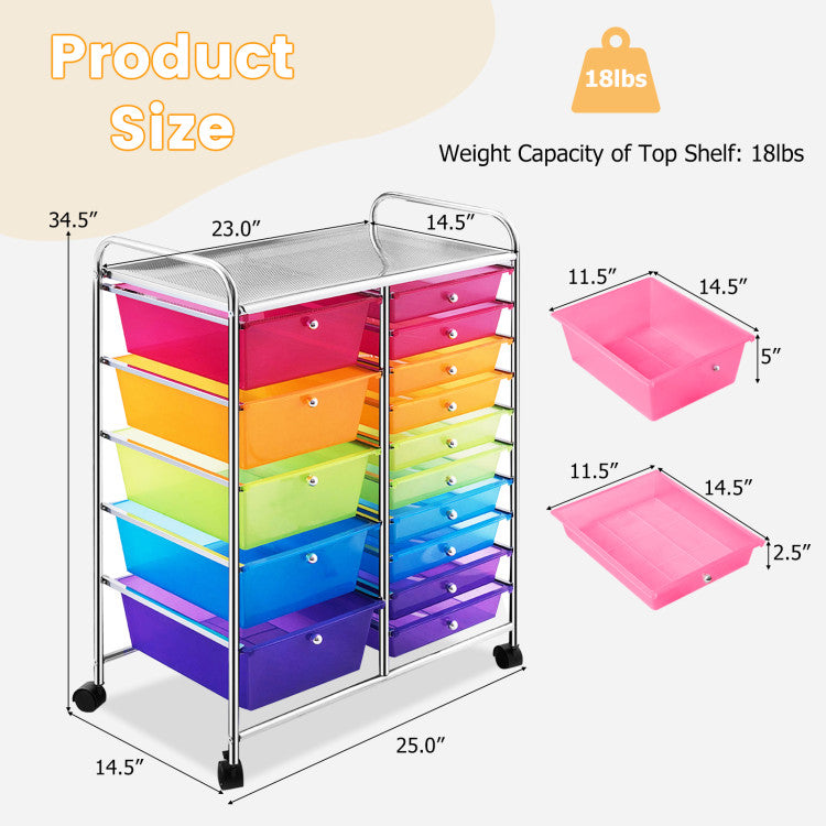 15-Drawer Utility Multi-Use Storage Organizer Cart with Rolling Wheels