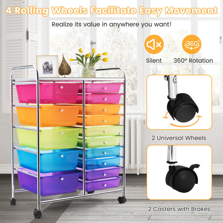 15-Drawer Utility Multi-Use Storage Organizer Cart with Rolling Wheels