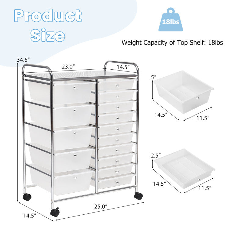 15-Drawer Utility Multi-Use Storage Organizer Cart with Rolling Wheels