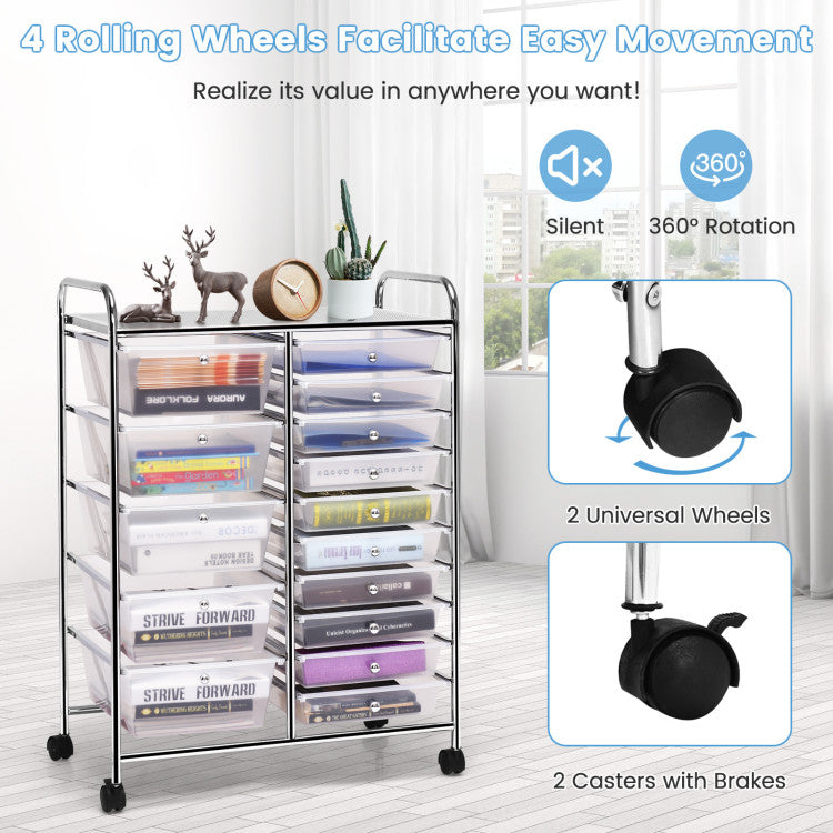 15-Drawer Utility Multi-Use Storage Organizer Cart with Rolling Wheels