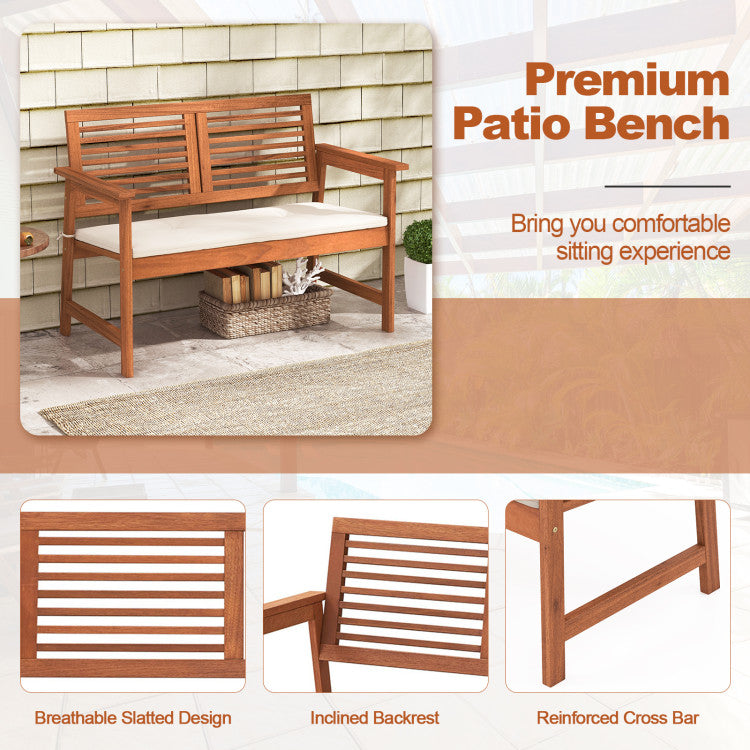 2-Person Solid Wood Patio Bench with Backrest and Cushion