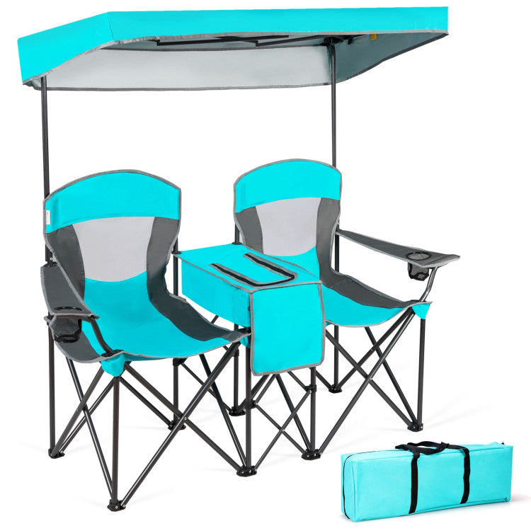 2-Seater Portable Folding Camping Chairs with Cup Holder and Canopy