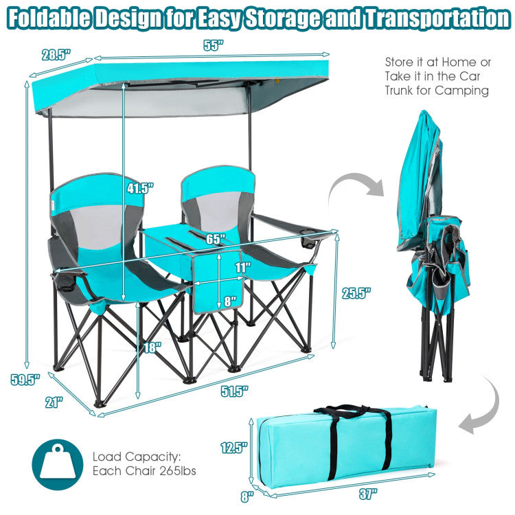 2-Seater Portable Folding Camping Chairs with Cup Holder and Canopy