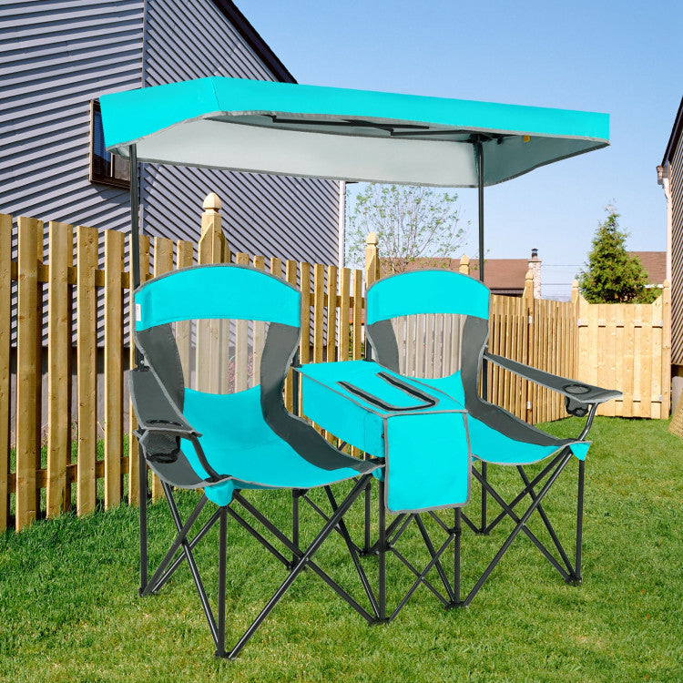 2-Seater Portable Folding Camping Chairs with Cup Holder and Canopy
