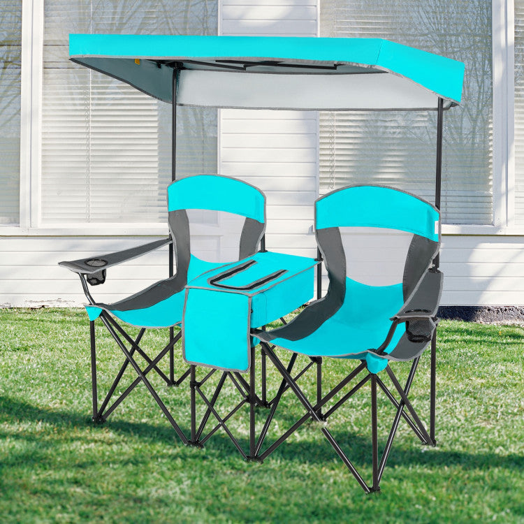 2-Seater Portable Folding Camping Chairs with Cup Holder and Canopy