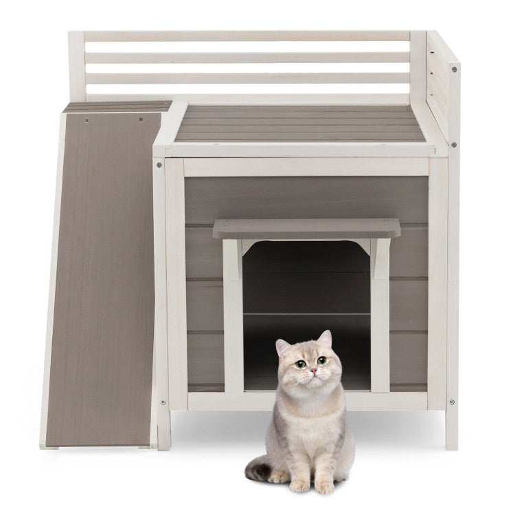 2-Story Outdoor Wooden Feral Cat House with Balcony and Slide
