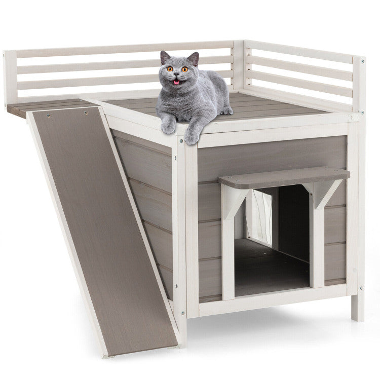 2-Story Outdoor Wooden Feral Cat House with Balcony and Slide