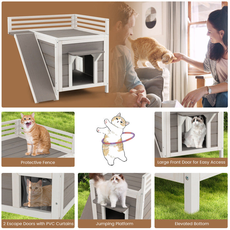 2-Story Outdoor Wooden Feral Cat House with Balcony and Slide