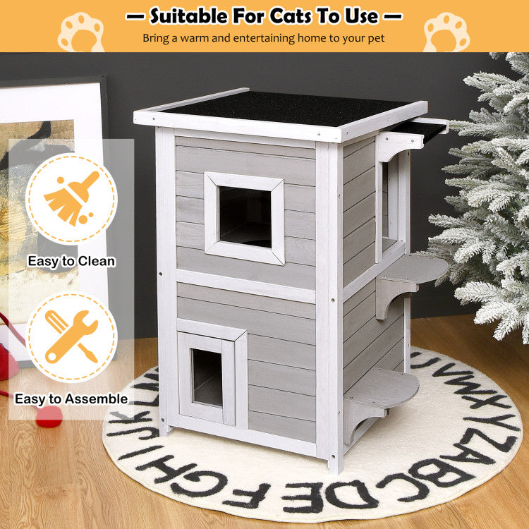 2-Story Wooden Cat House with Escape Door Rainproof and Jump Steps
