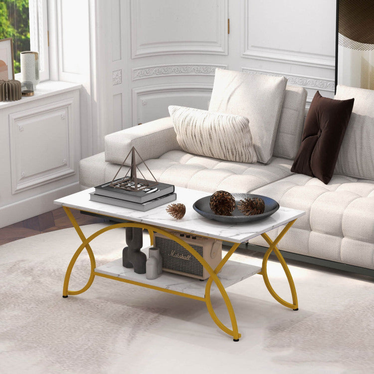 2-Tier Faux Marble Coffee Table with Metal Frame