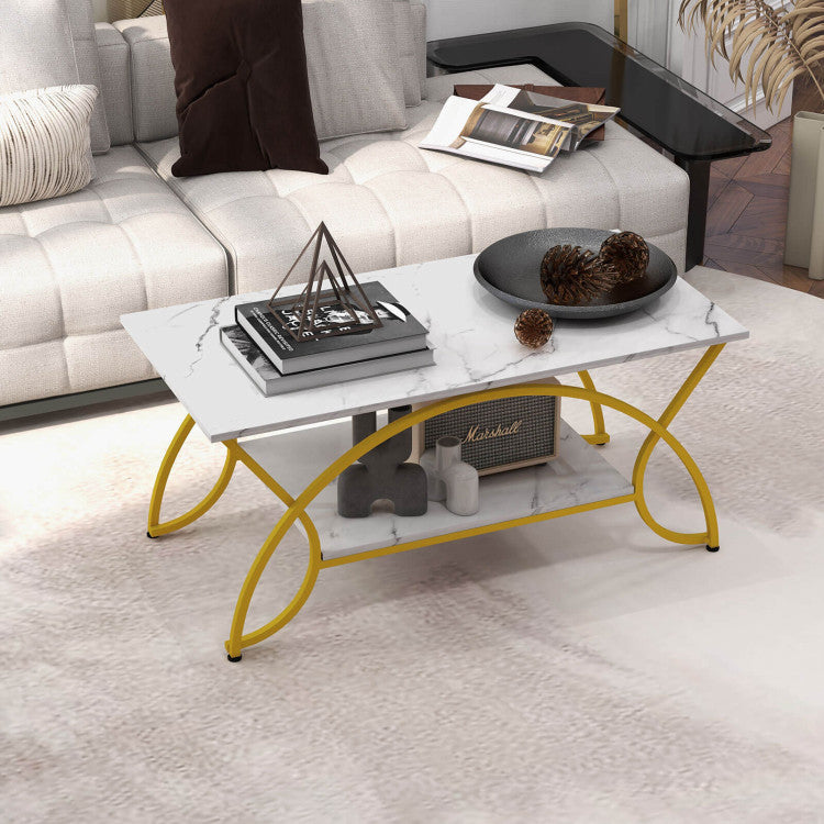 2-Tier Faux Marble Coffee Table with Metal Frame