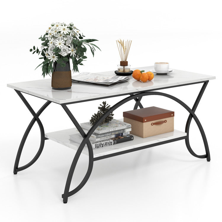 2-Tier Faux Marble Coffee Table with Metal Frame