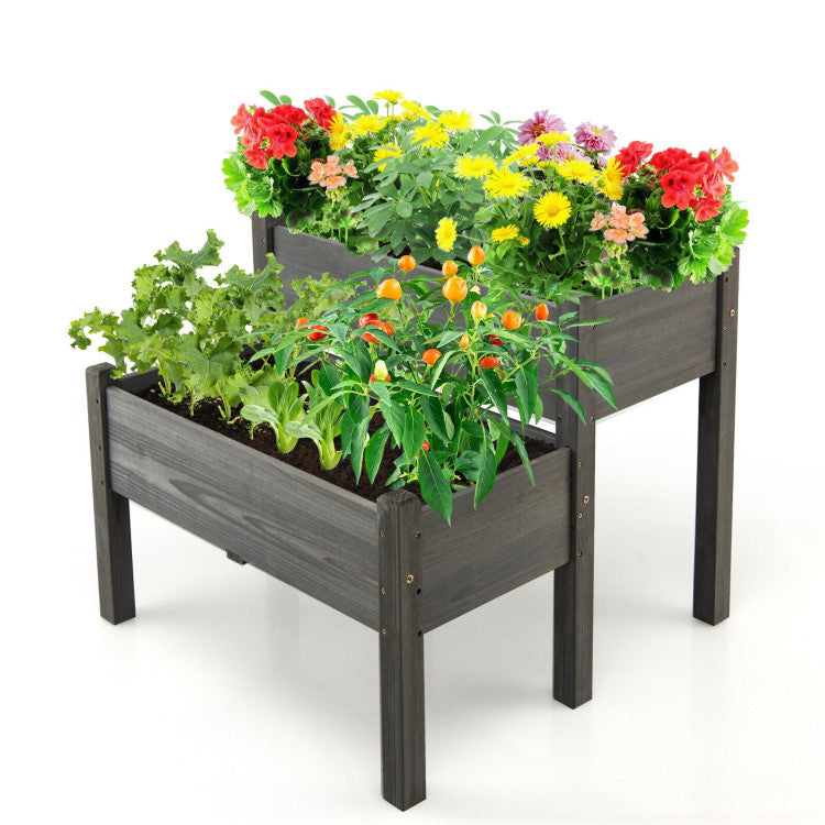 2-Tier Wooden Raised Garden Bed with Drain Holes