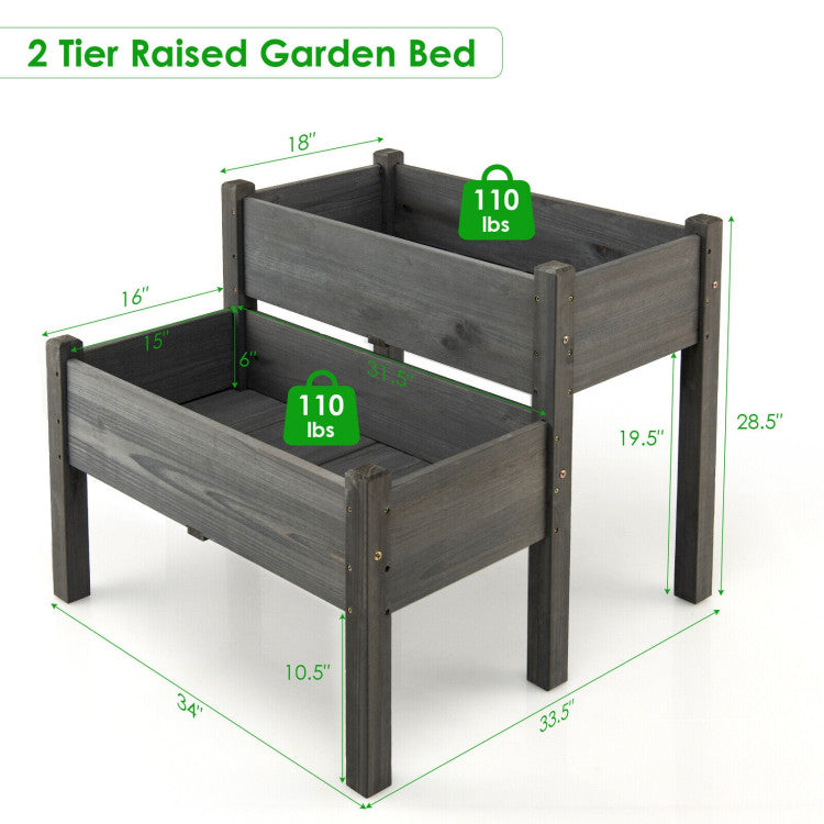 2-Tier Wooden Raised Garden Bed with Drain Holes