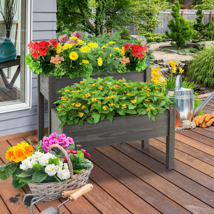 2-Tier Wooden Raised Garden Bed with Drain Holes