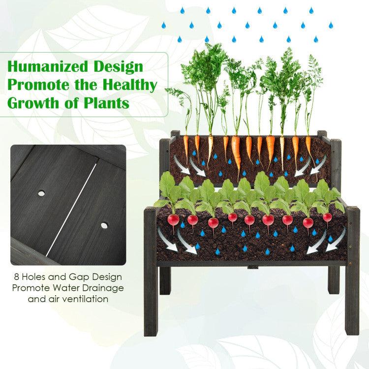 2-Tier Wooden Raised Garden Bed with Drain Holes