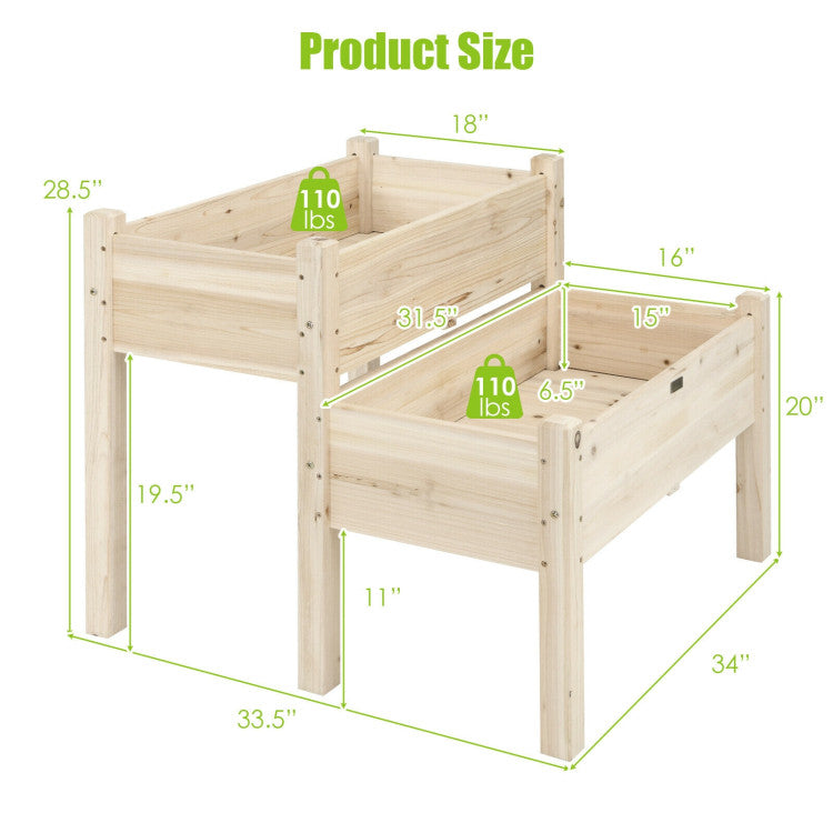 2-Tier Wooden Raised Garden Bed with Drain Holes