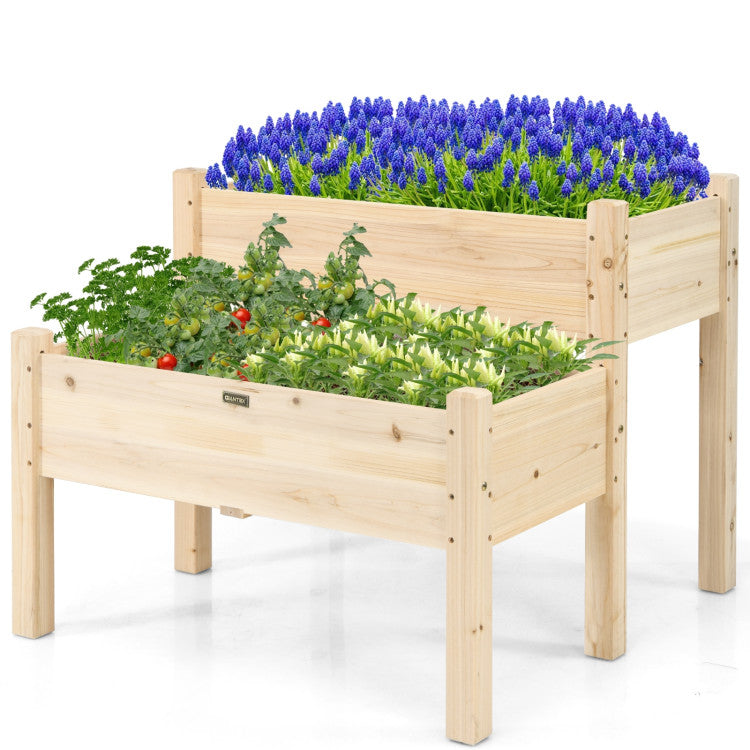 2-Tier Wooden Raised Garden Bed with Drain Holes