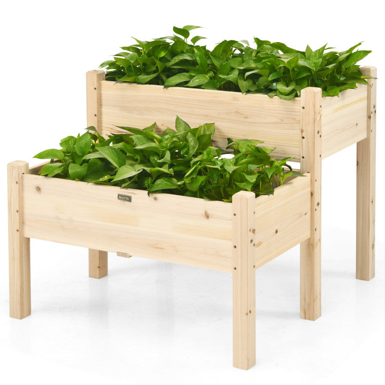 2-Tier Wooden Raised Garden Bed with Drain Holes