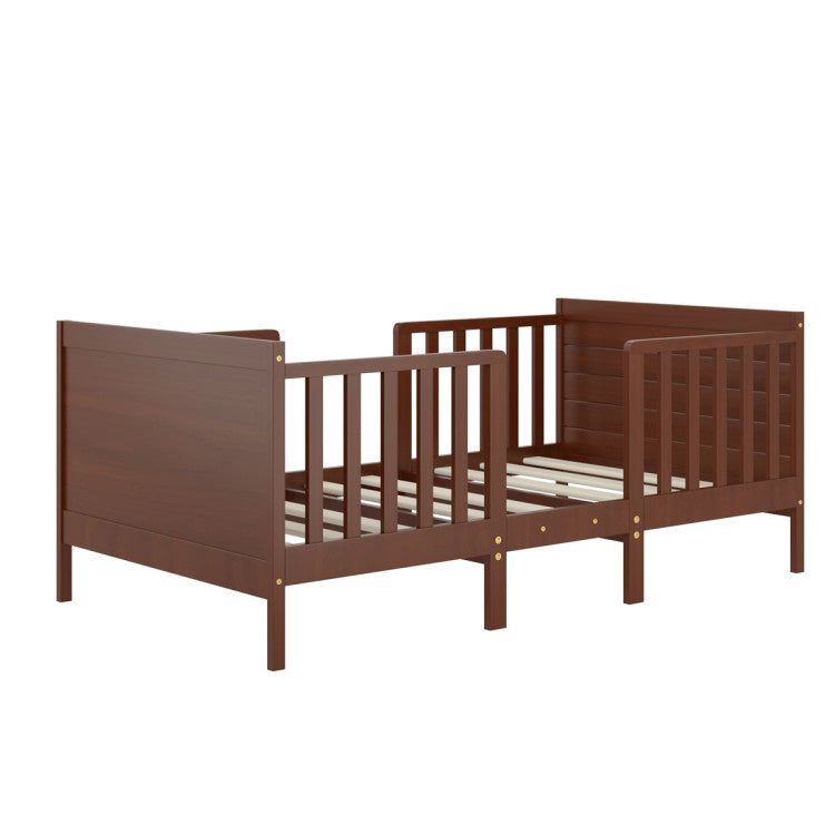 2-in-1 Convertible Wooden Toddler Bed with Guardrails for Rooms and Kindergartens