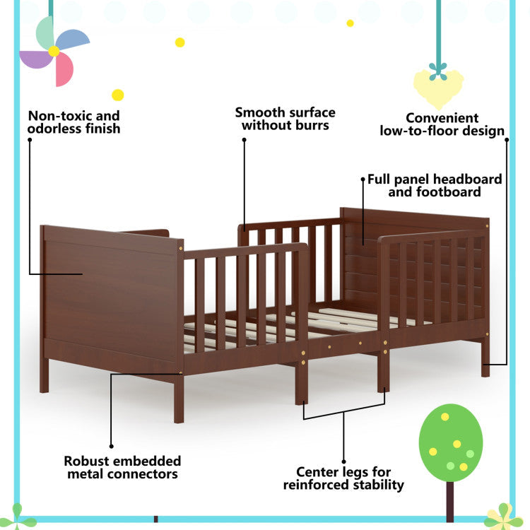 2-in-1 Convertible Wooden Toddler Bed with Guardrails for Rooms and Kindergartens