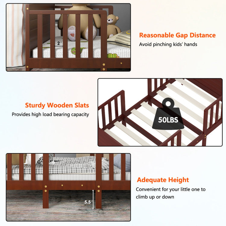 2-in-1 Convertible Wooden Toddler Bed with Guardrails for Rooms and Kindergartens