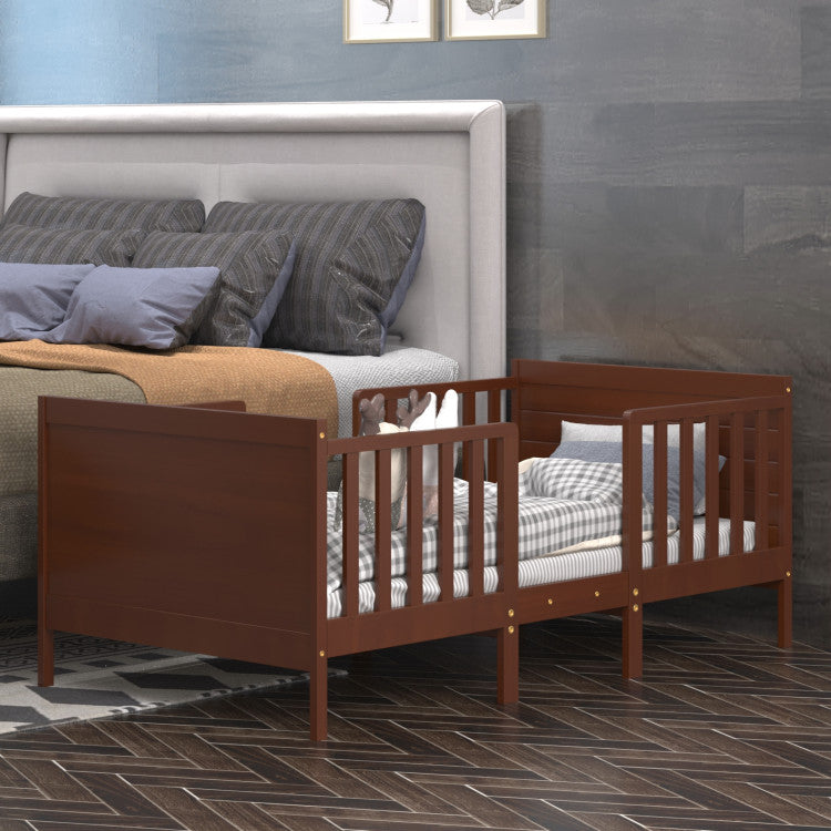 2-in-1 Convertible Wooden Toddler Bed with Guardrails for Rooms and Kindergartens